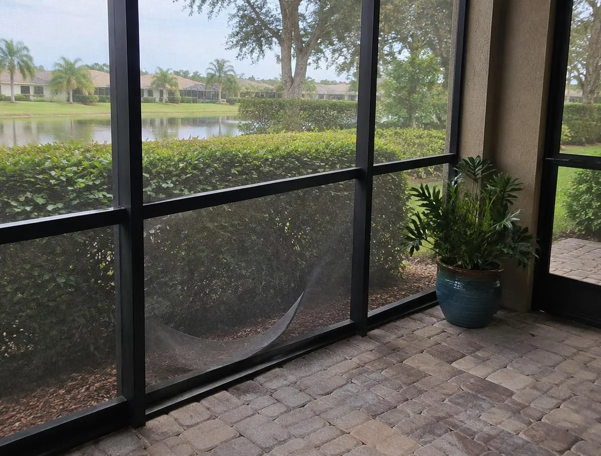 Lanai screen wall with one loose, sagging mesh panel near the floor