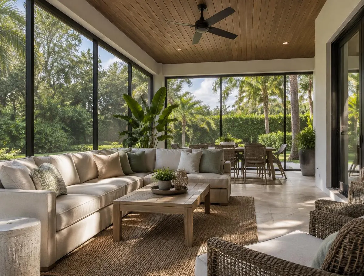 Covered lanai with outdoor seating behind screened walls facing a garden