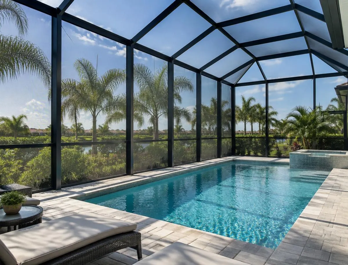 Screened pool enclosure with dark mesh panels around a residential pool
