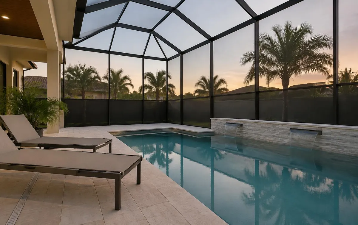 Pool enclosure with denser privacy screening on the lower wall panels