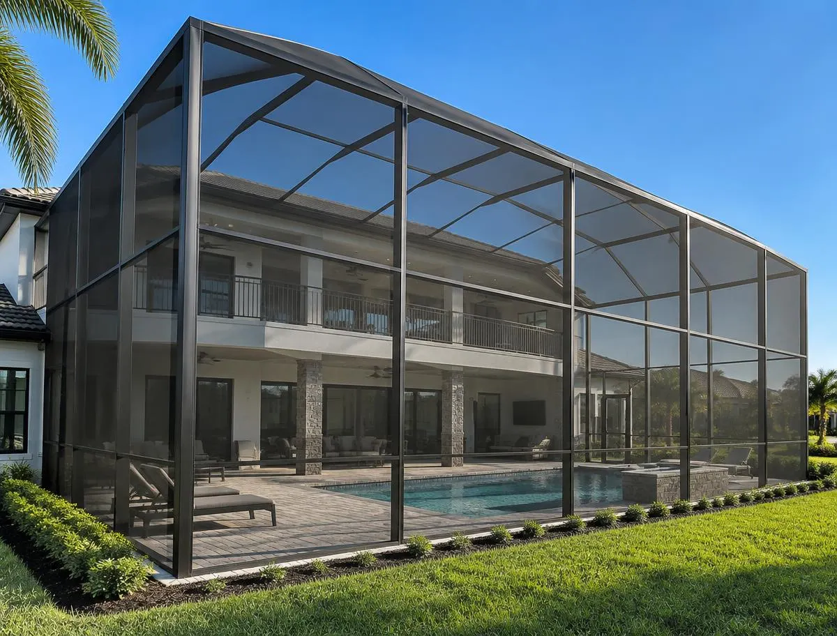 Large two-story screened pool enclosure with uniform dark mesh