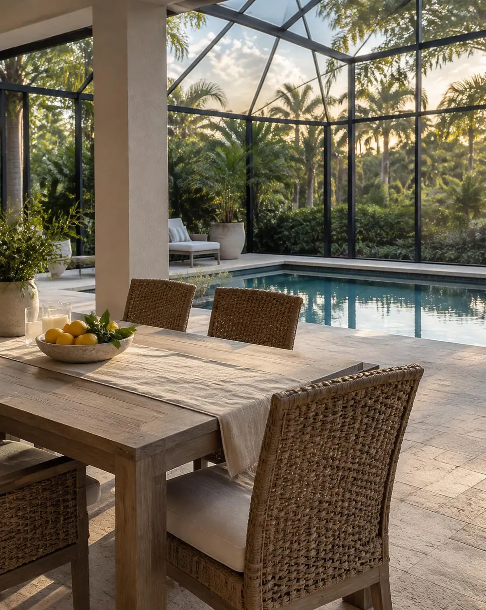 Outdoor dining table beside a pool inside a screened enclosure