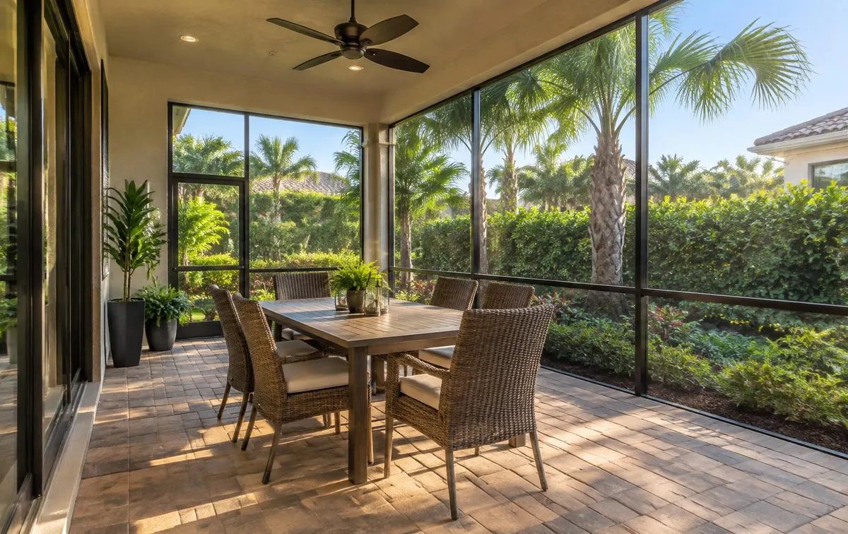 Screened-in patio with an outdoor dining table on a paver floor beside a garden