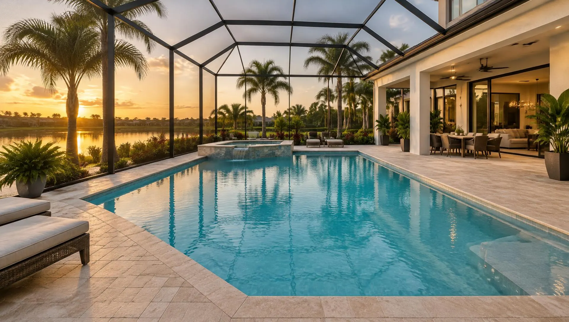 Screened pool enclosure at a Florida home at sunset, with travertine deck and palms